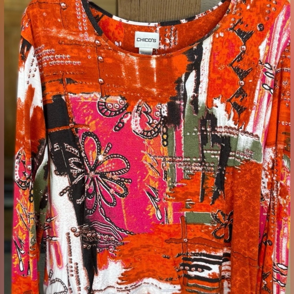❤️‍🔥 Chico’s Abstract Multi Color Rayon 3/4 Sleeves Scoop Neck Tee Size 2 Large